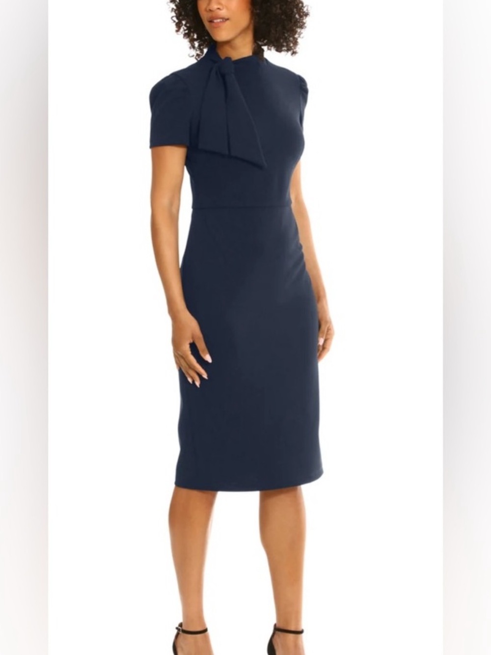 Maggy London Navy Margo Short Sleeve Tie-Neck Midi Sheath Dress